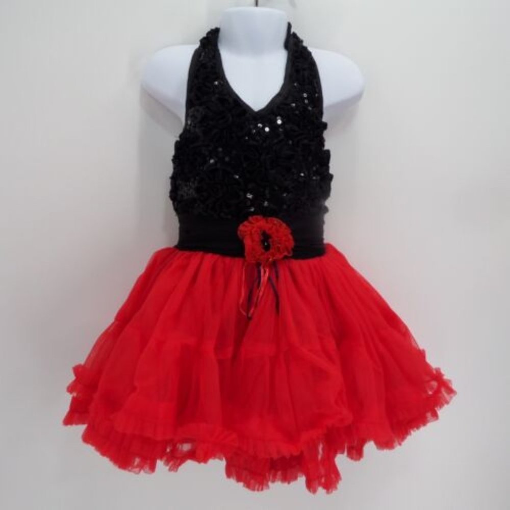 "RAMA" RED & BLACK SEQUIN BODY FULL SKIRT HALLOWEEN COSTUME TUTU DRESS SIZE: 3-4